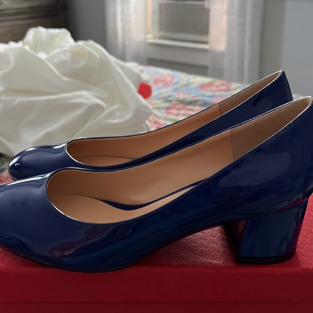 Royal blue patent leather slip on shoes
